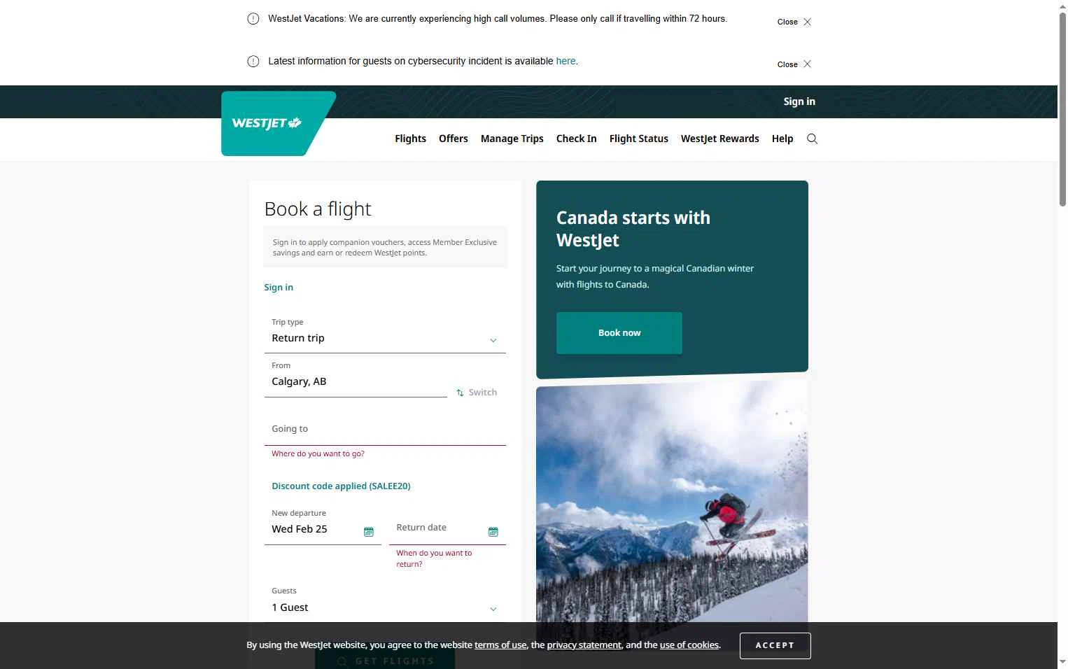 WestJet checkout page showing WestJet discount code box | Screenshot taken by SimplyCodes community member on Feb 25, 2026