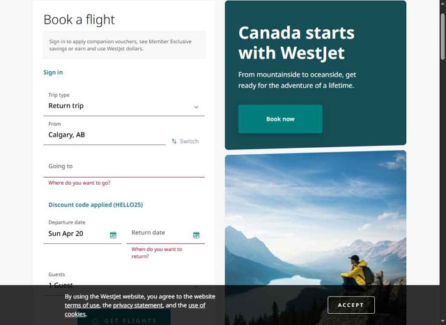 WestJet checkout page showing WestJet discount code box | Screenshot taken by SimplyCodes community member on Apr 20, 2025