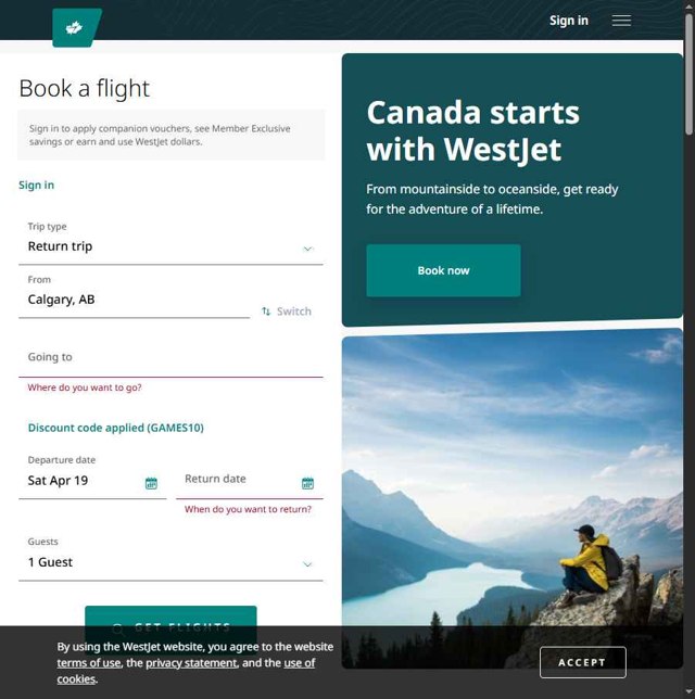 WestJet checkout page showing WestJet discount code box | Screenshot taken by SimplyCodes community member on Apr 19, 2025