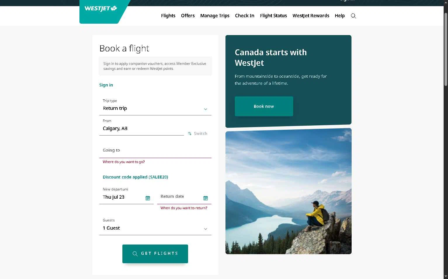 Verification screenshot for 20% Off Storewide at WestJet - 10d ago