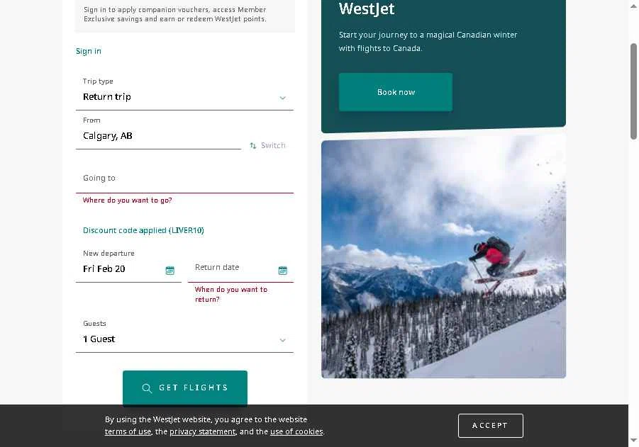 WestJet checkout page showing WestJet discount code box | Screenshot taken by SimplyCodes community member on Feb 20, 2026