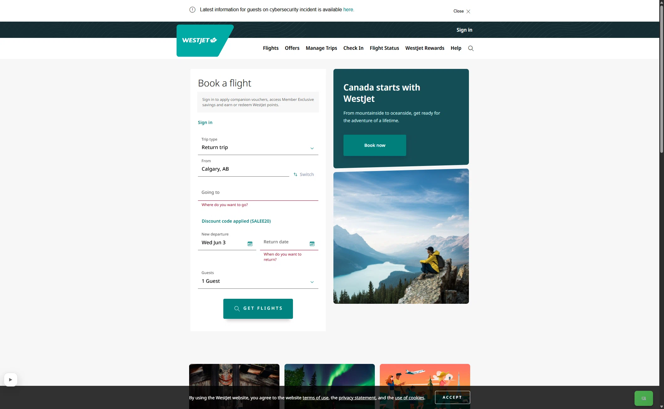 Verification screenshot for 20% Off Storewide at WestJet — 1d ago