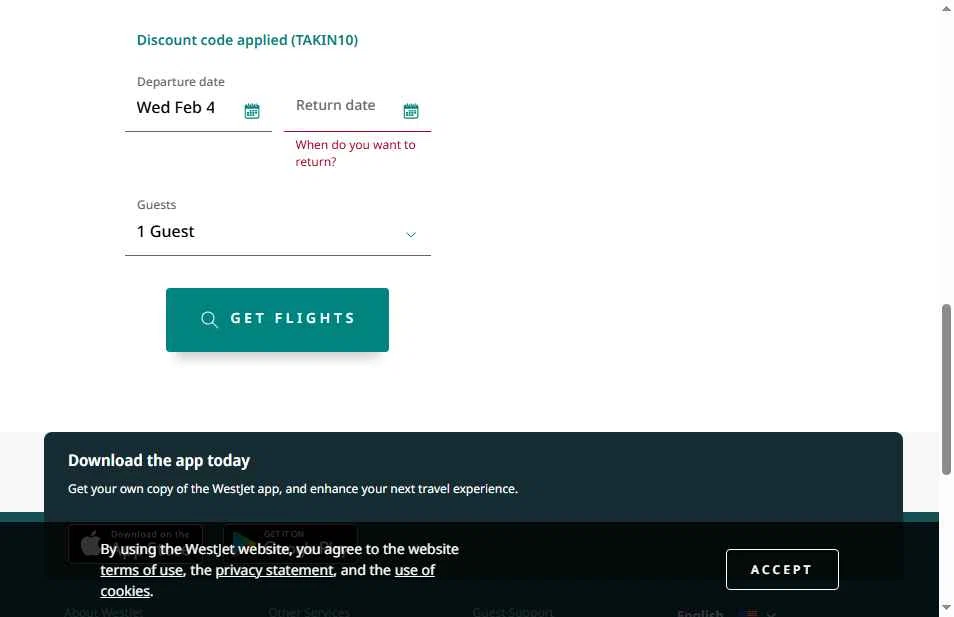 WestJet checkout page showing WestJet discount code box | Screenshot taken by SimplyCodes community member on Feb 4, 2026