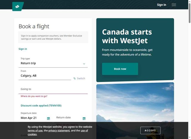 WestJet checkout page showing WestJet discount code box | Screenshot taken by SimplyCodes community member on Apr 21, 2025