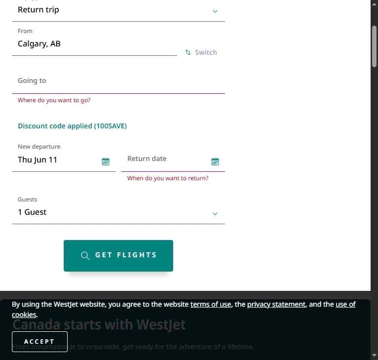 Verification screenshot for 10% Off Storewide at WestJet - 17d ago