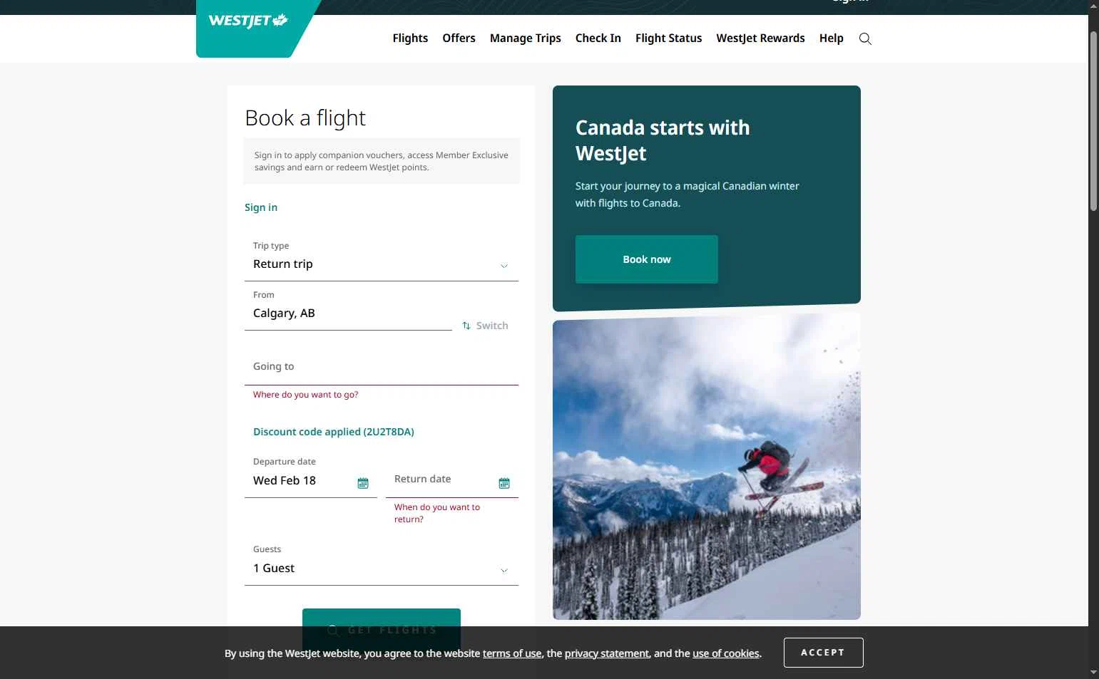 WestJet checkout page showing WestJet discount code box | Screenshot taken by SimplyCodes community member on Feb 18, 2026