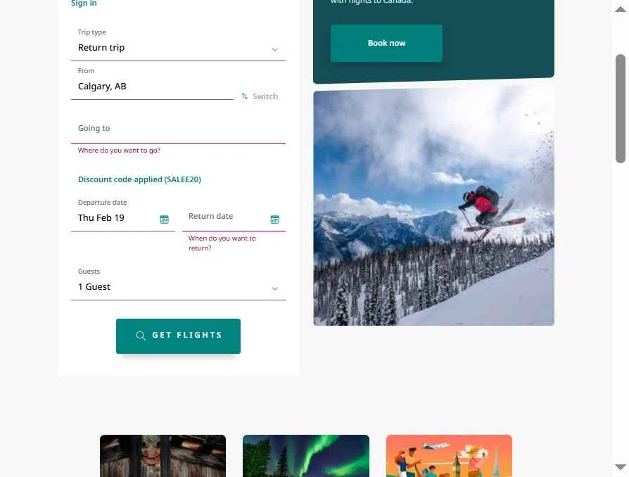 WestJet checkout page showing WestJet discount code box | Screenshot taken by SimplyCodes community member on Feb 19, 2026
