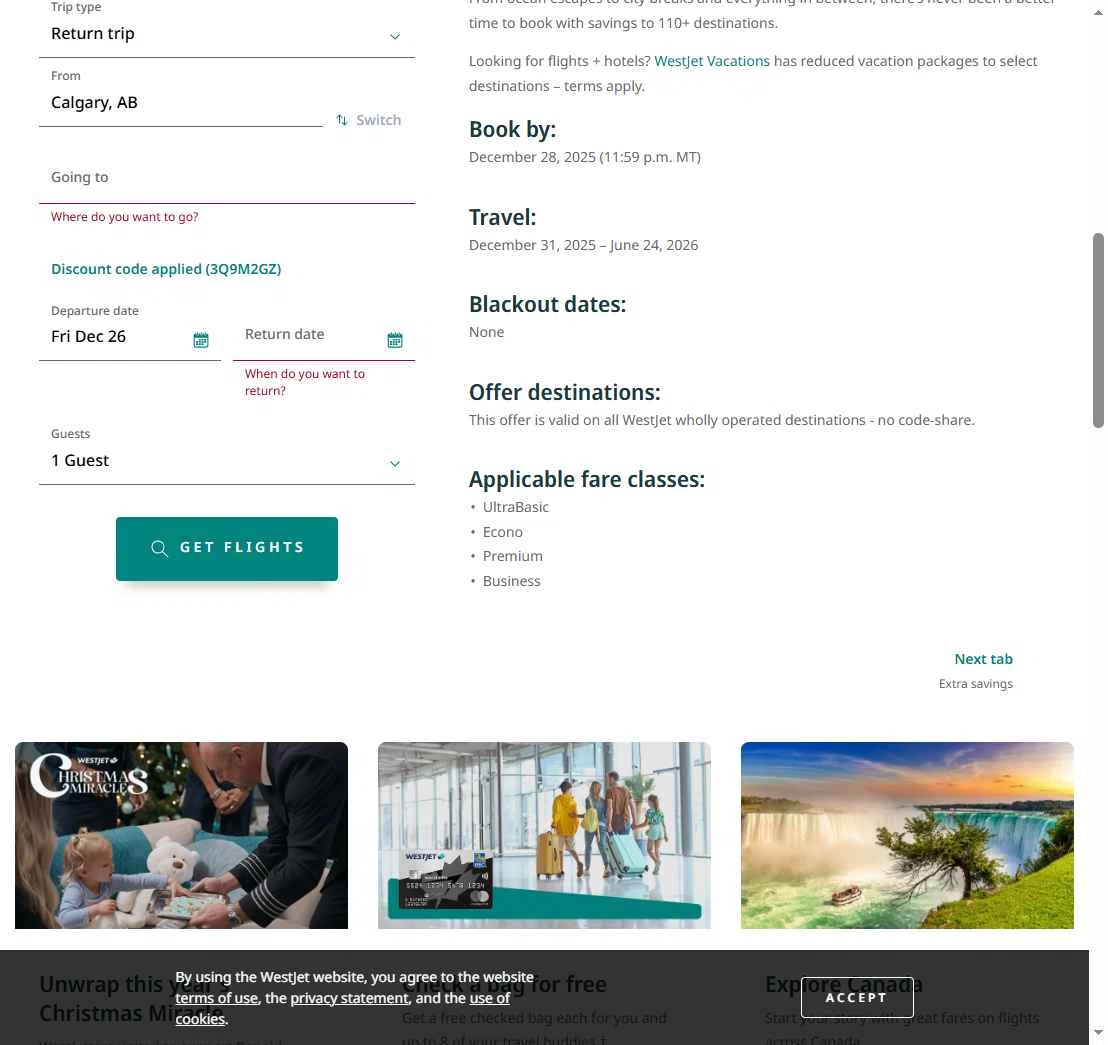 WestJet checkout page showing WestJet discount code box | Screenshot taken by SimplyCodes community member on Dec 26, 2025