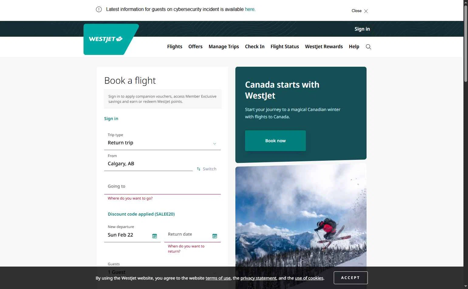 WestJet checkout page showing WestJet discount code box | Screenshot taken by SimplyCodes community member on Feb 22, 2026