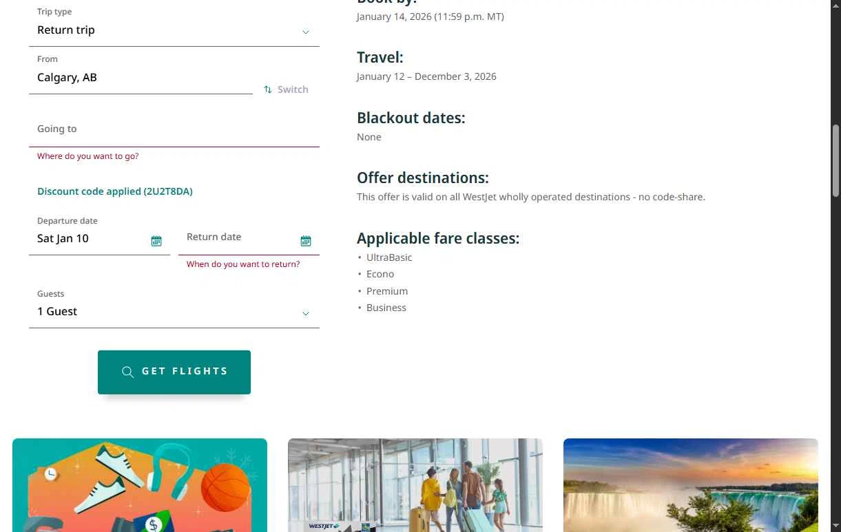 WestJet checkout page showing WestJet discount code box | Screenshot taken by SimplyCodes community member on Jan 11, 2026