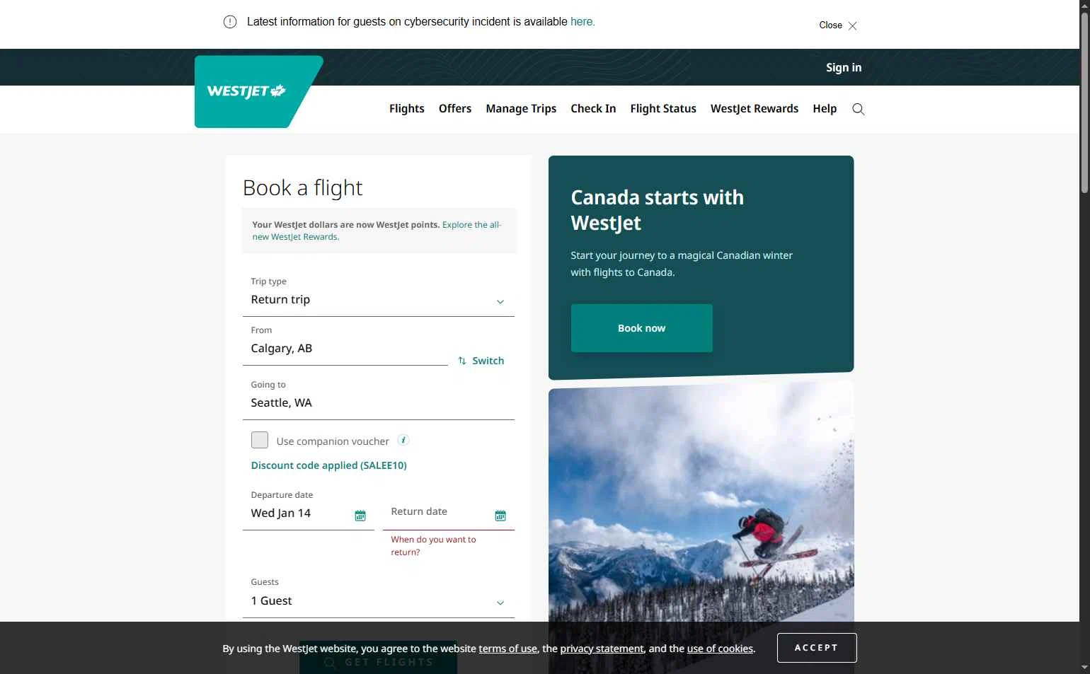 WestJet checkout page showing WestJet discount code box | Screenshot taken by SimplyCodes community member on Jan 14, 2026