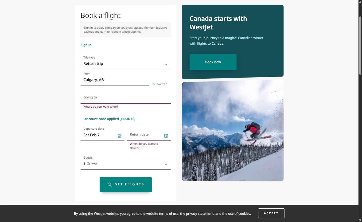 WestJet checkout page showing WestJet discount code box | Screenshot taken by SimplyCodes community member on Feb 8, 2026