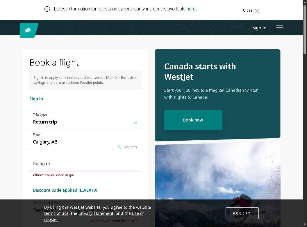 WestJet checkout page showing WestJet discount code box | Screenshot taken by SimplyCodes community member on Feb 17, 2026