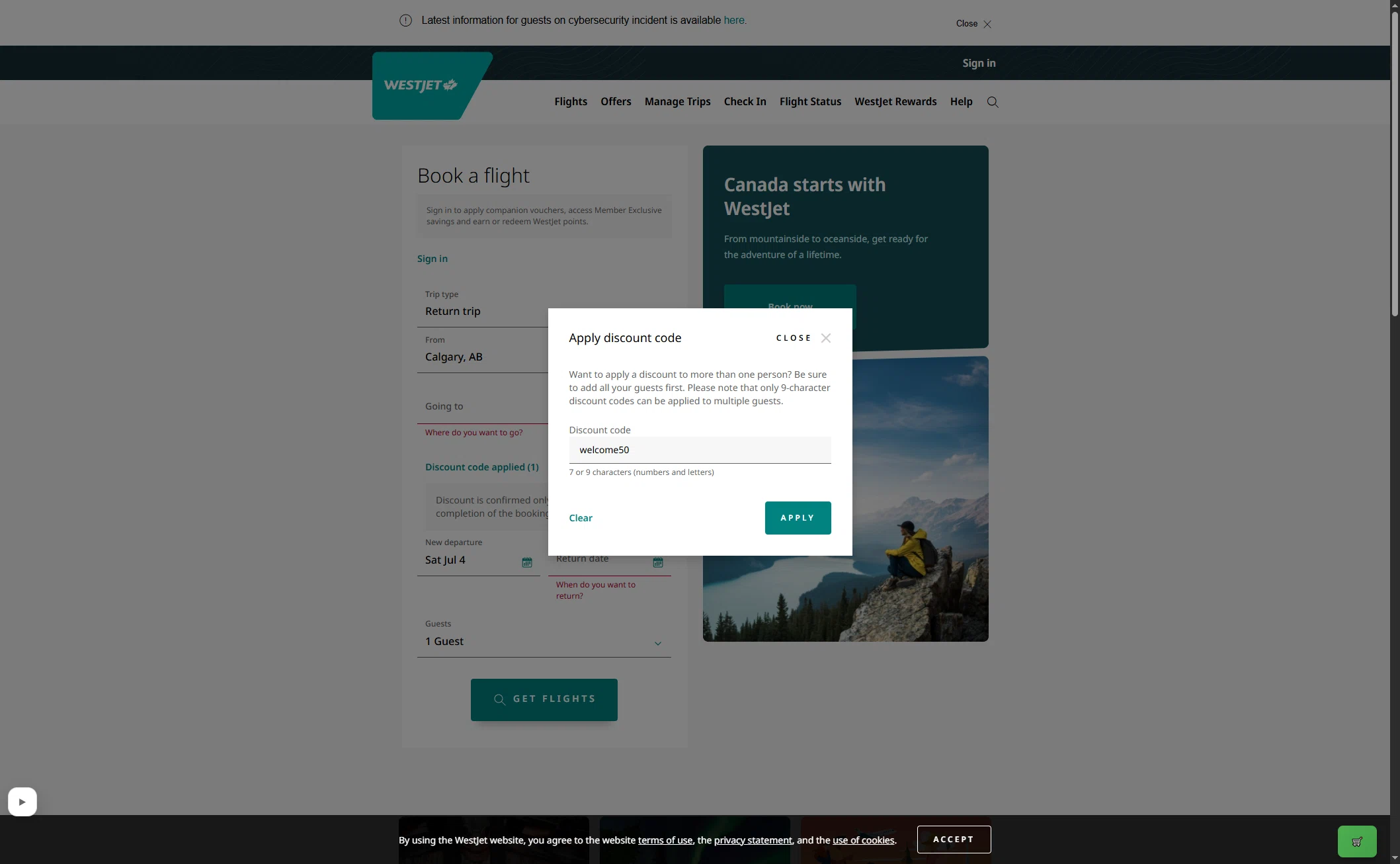 Verification screenshot for 10% Off Storewide at WestJet - 28d ago