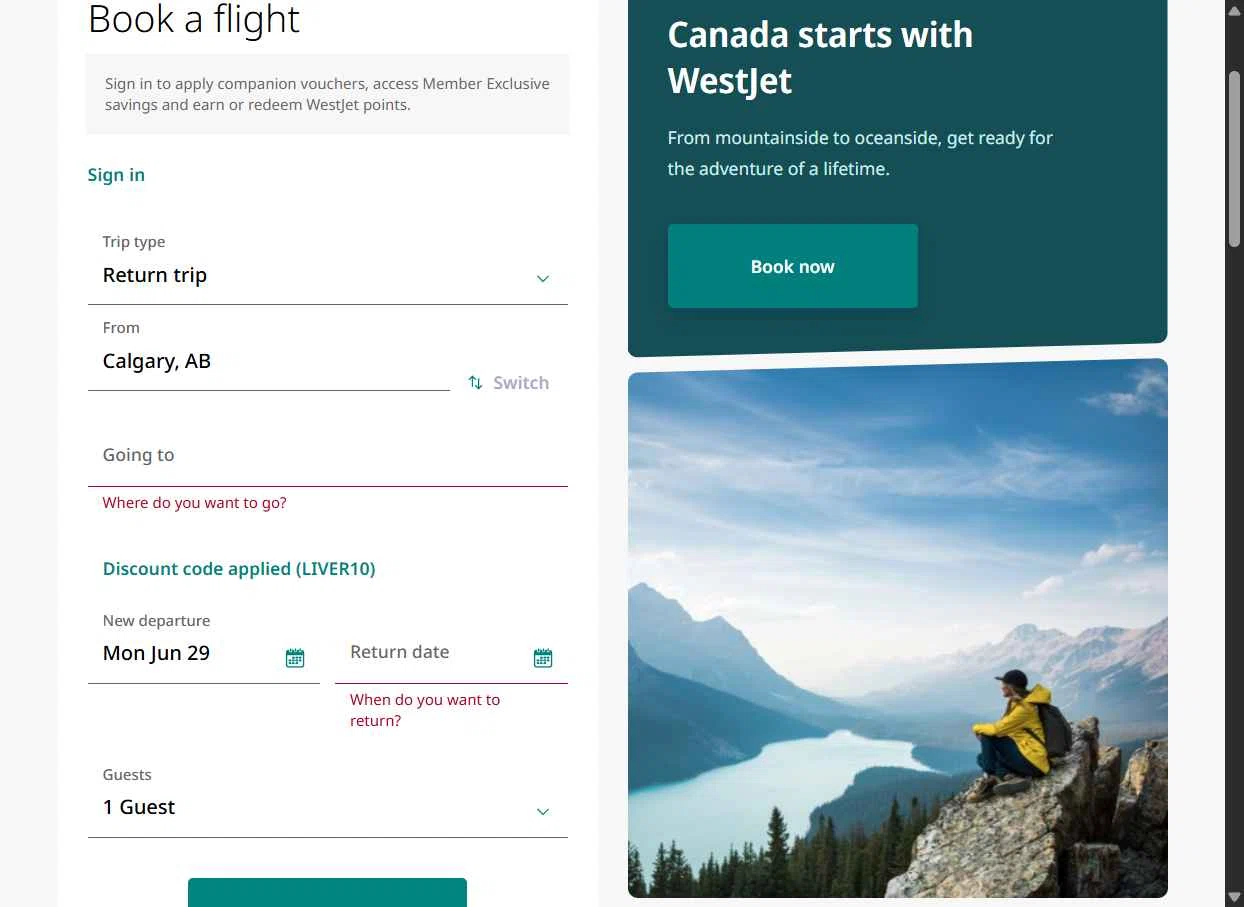 Verification screenshot for 10% Off Storewide at WestJet - 34d ago