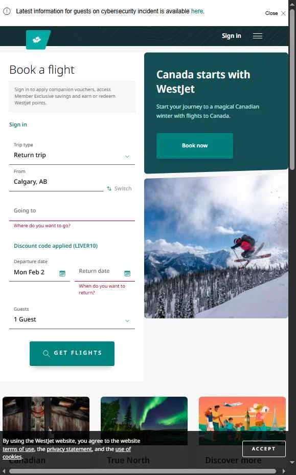 WestJet checkout page showing WestJet discount code box | Screenshot taken by SimplyCodes community member on Feb 2, 2026