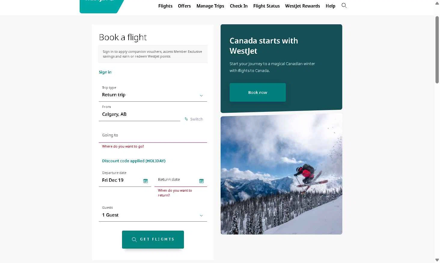 WestJet checkout page showing WestJet discount code box | Screenshot taken by SimplyCodes community member on Dec 19, 2025