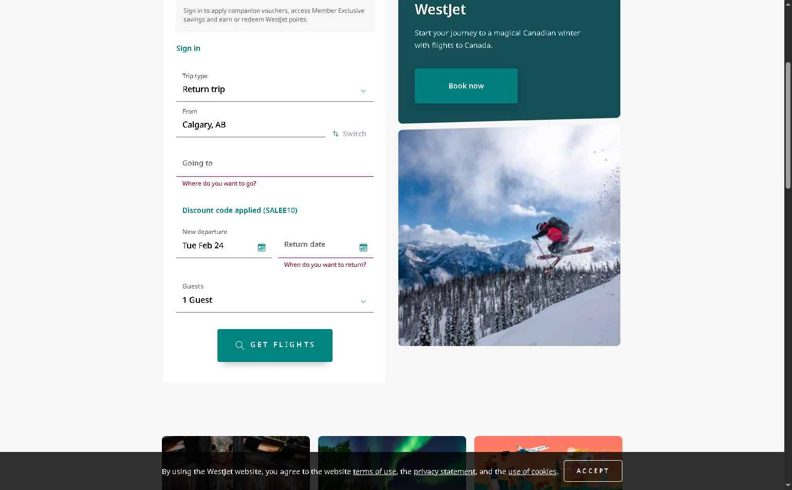 WestJet checkout page showing WestJet discount code box | Screenshot taken by SimplyCodes community member on Feb 24, 2026