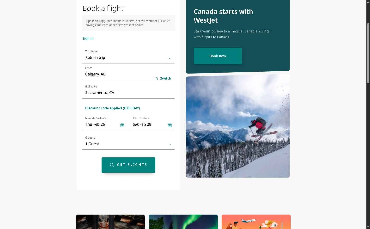 WestJet checkout page showing WestJet discount code box | Screenshot taken by SimplyCodes community member on Feb 26, 2026
