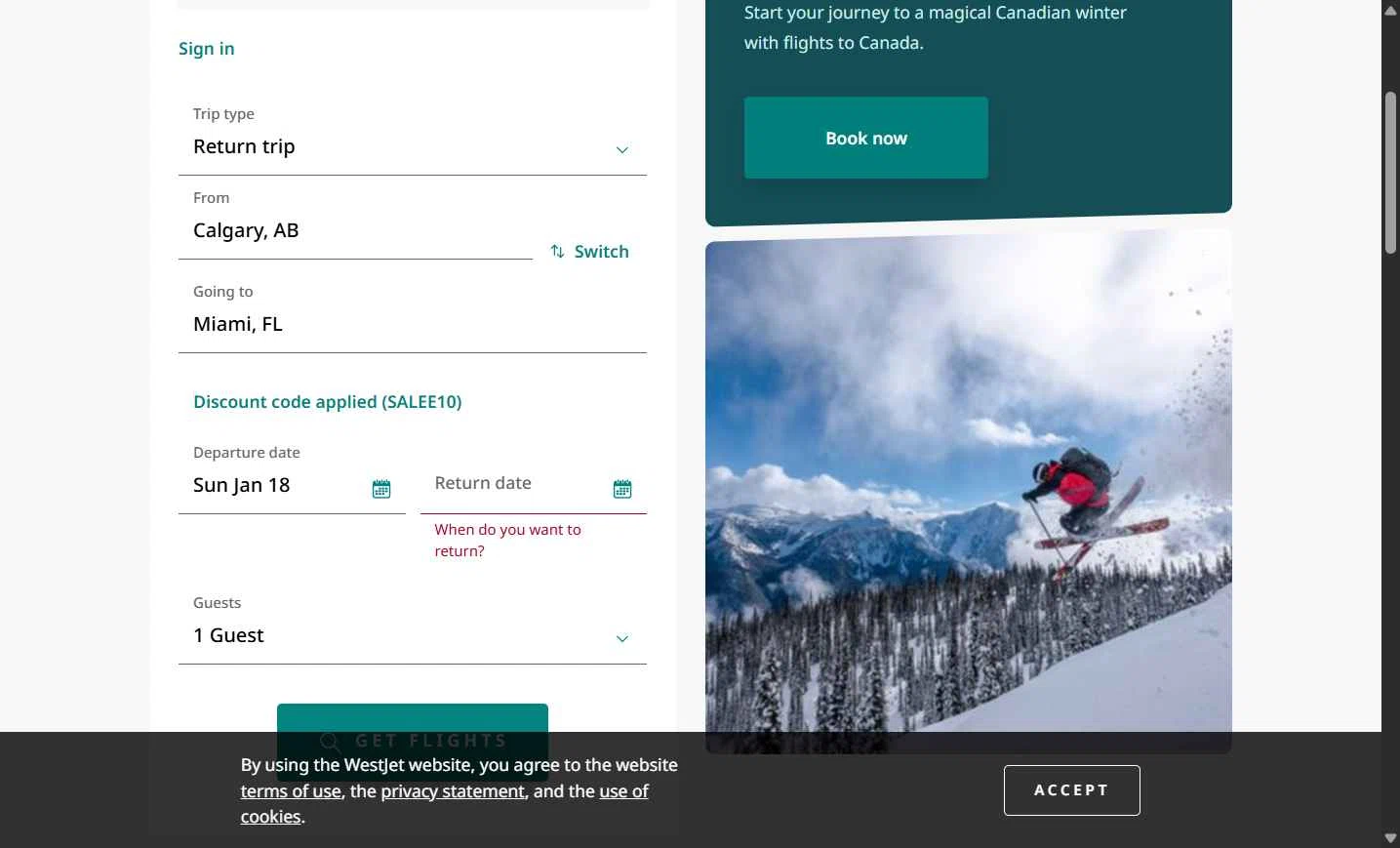 WestJet checkout page showing WestJet discount code box | Screenshot taken by SimplyCodes community member on Jan 18, 2026