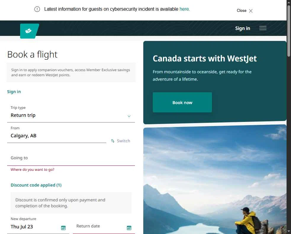 Verification screenshot for 20% Off Storewide at WestJet - 10d ago