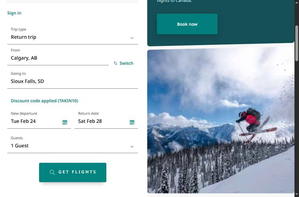 WestJet checkout page showing WestJet discount code box | Screenshot taken by SimplyCodes community member on Feb 24, 2026