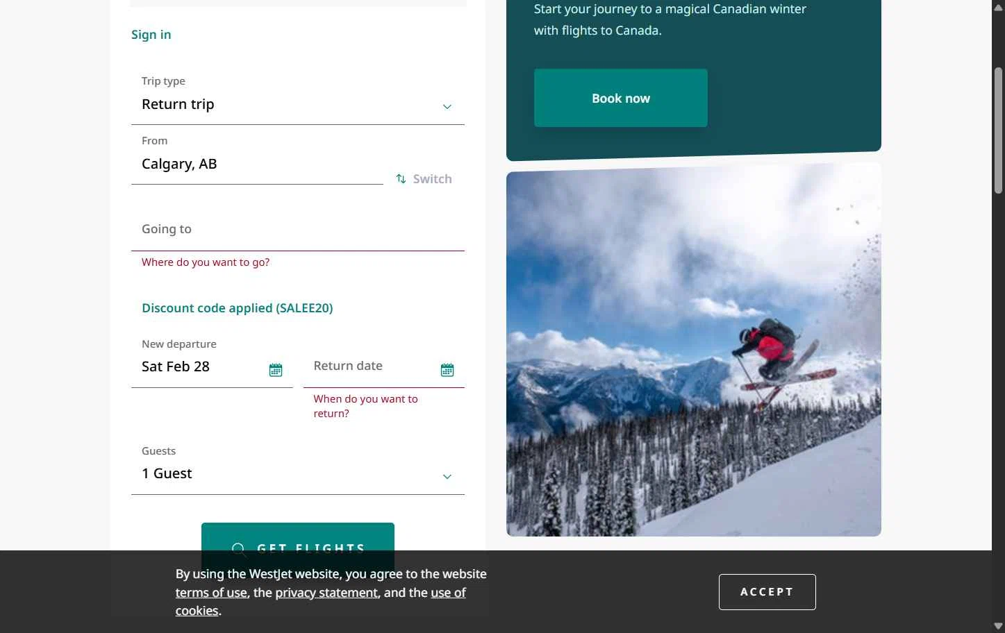 WestJet checkout page showing WestJet discount code box | Screenshot taken by SimplyCodes community member on Feb 28, 2026