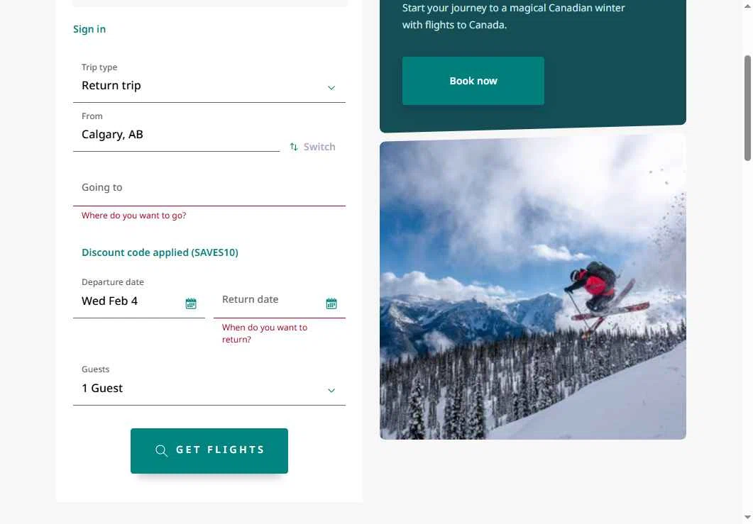 WestJet checkout page showing WestJet discount code box | Screenshot taken by SimplyCodes community member on Feb 4, 2026