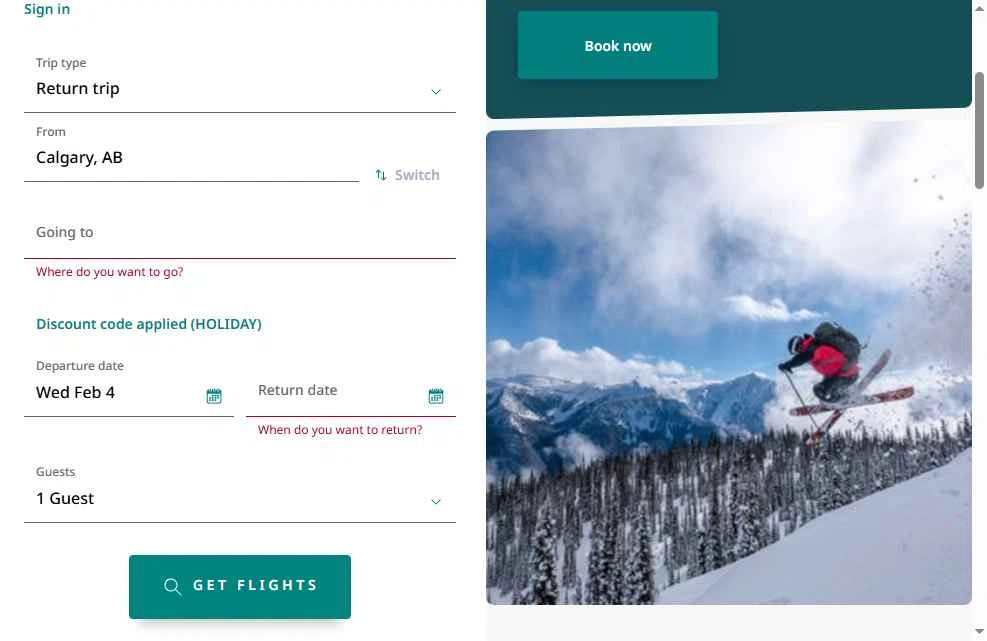 WestJet checkout page showing WestJet discount code box | Screenshot taken by SimplyCodes community member on Feb 4, 2026