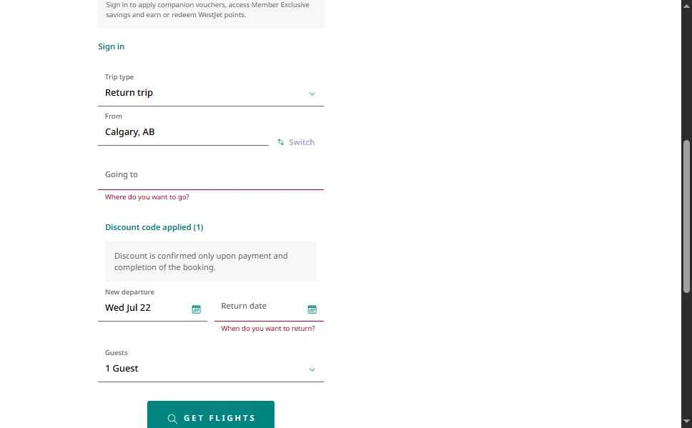 Verification screenshot for 10% Off Storewide at WestJet - 11d ago