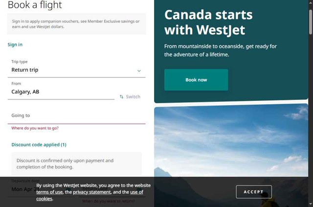 WestJet checkout page showing WestJet discount code box | Screenshot taken by SimplyCodes community member on Apr 21, 2025