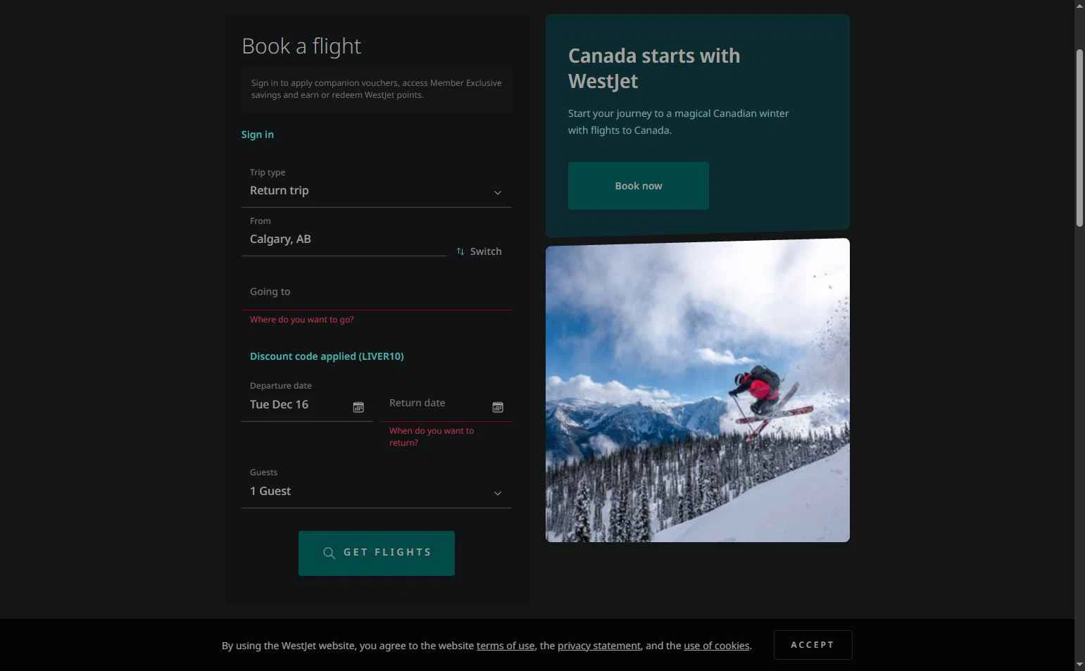 WestJet checkout page showing WestJet discount code box | Screenshot taken by SimplyCodes community member on Dec 16, 2025