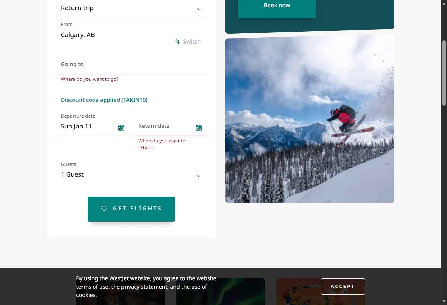 WestJet checkout page showing WestJet discount code box | Screenshot taken by SimplyCodes community member on Jan 12, 2026