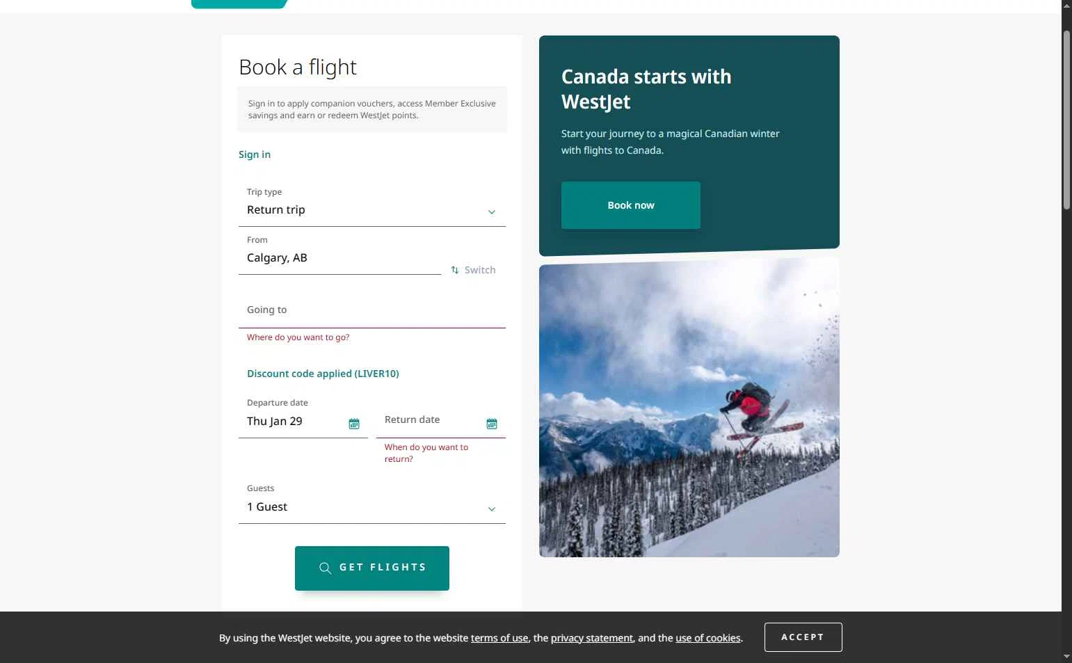 WestJet checkout page showing WestJet discount code box | Screenshot taken by SimplyCodes community member on Jan 29, 2026