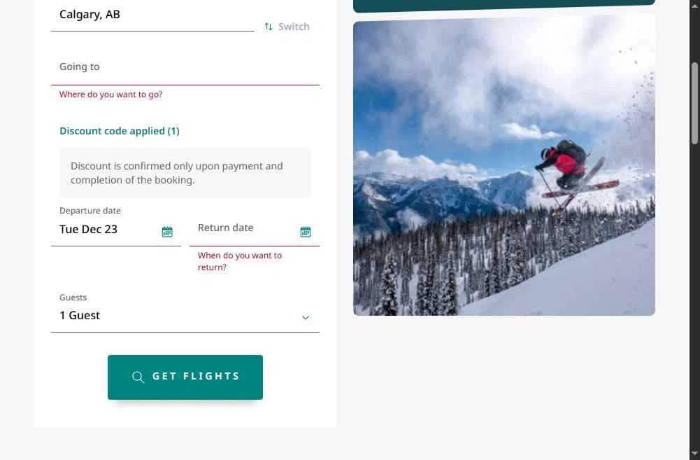 WestJet checkout page showing WestJet discount code box | Screenshot taken by SimplyCodes community member on Dec 23, 2025