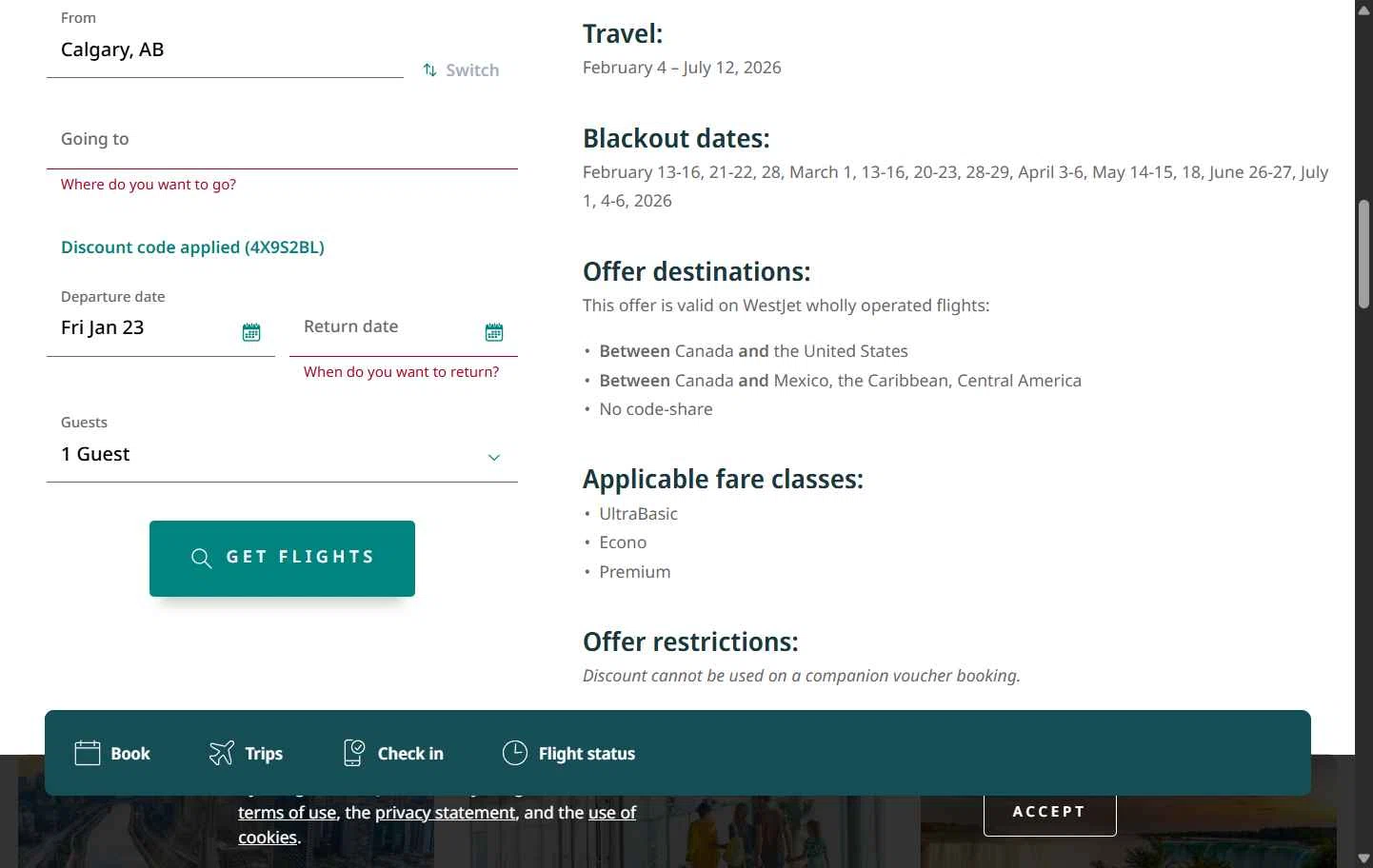 WestJet checkout page showing WestJet discount code box | Screenshot taken by SimplyCodes community member on Jan 23, 2026
