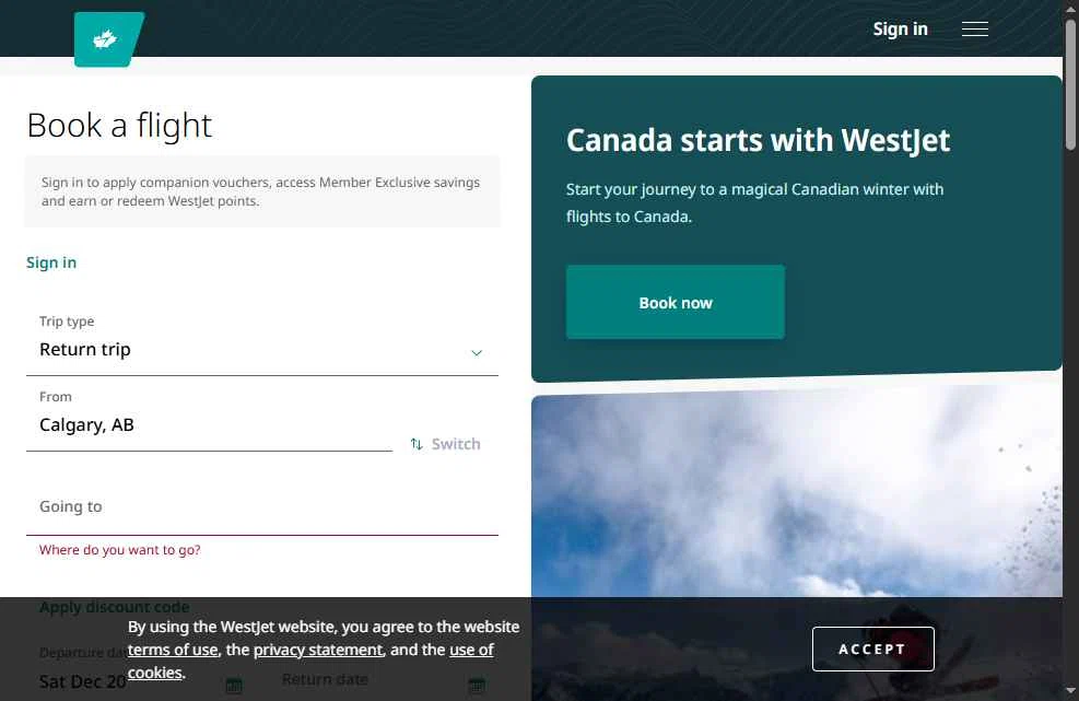 WestJet checkout page showing WestJet discount code box | Screenshot taken by SimplyCodes community member on Dec 20, 2025