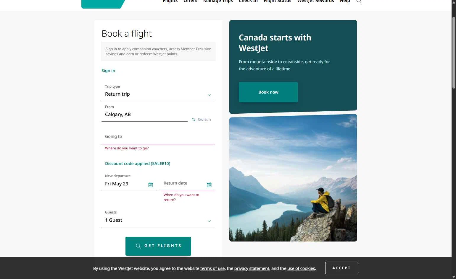 Verification screenshot for 10% Off Storewide at WestJet — 5d ago