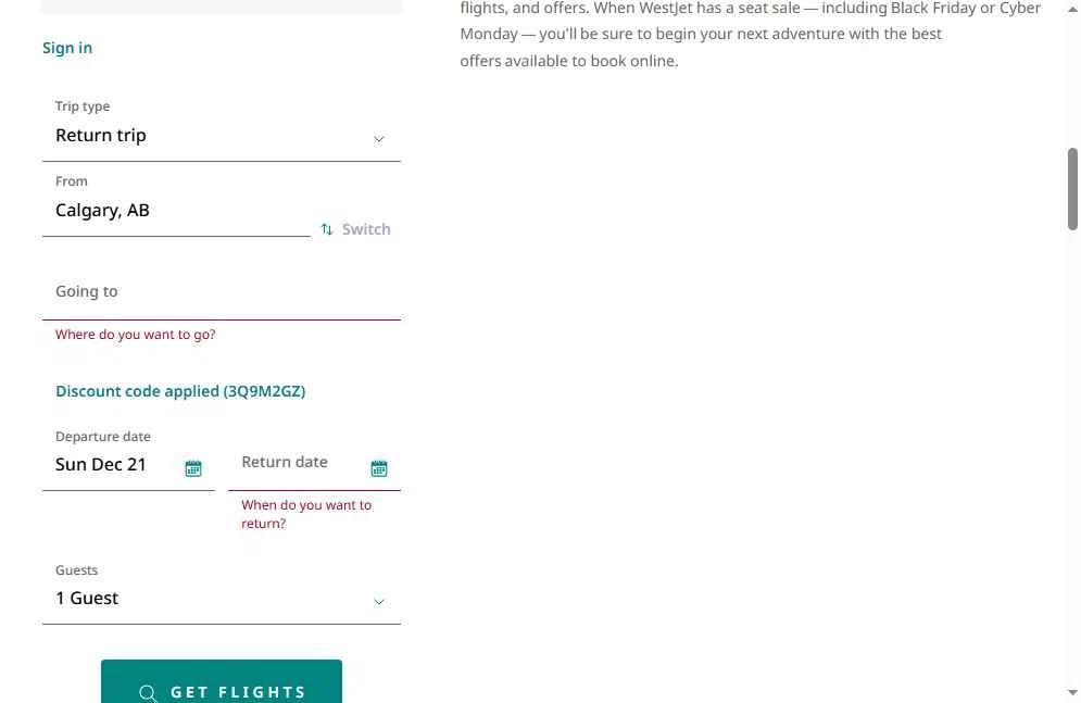 WestJet checkout page showing WestJet discount code box | Screenshot taken by SimplyCodes community member on Dec 21, 2025