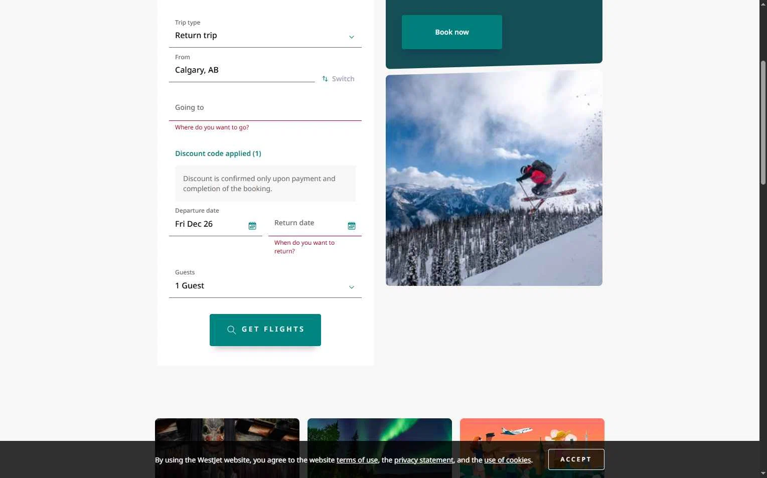 WestJet checkout page showing WestJet discount code box | Screenshot taken by SimplyCodes community member on Dec 26, 2025