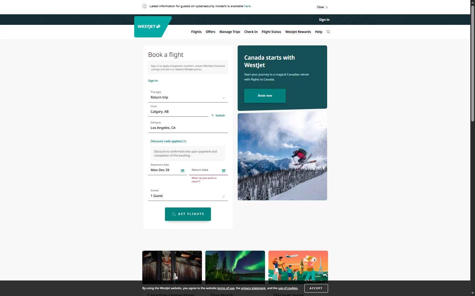 WestJet checkout page showing WestJet discount code box | Screenshot taken by SimplyCodes community member on Dec 29, 2025