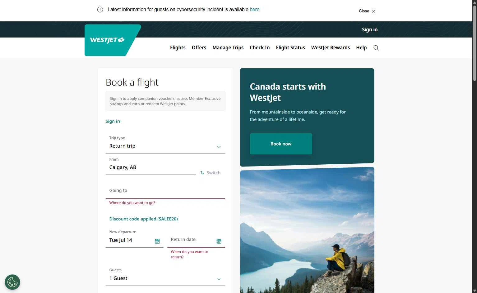 Verification screenshot for 20% Off Storewide at WestJet - 19d ago