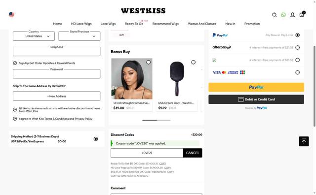 West Kiss checkout page showing West Kiss coupon code box | Screenshot taken by SimplyCodes community member on Aug 16, 2025