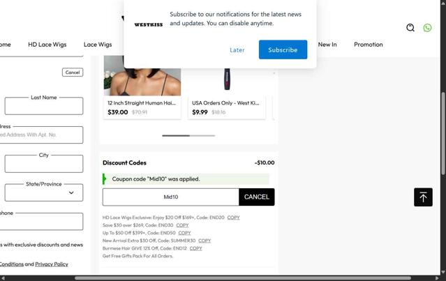 West Kiss checkout page showing West Kiss coupon code box | Screenshot taken by SimplyCodes community member on Sep 9, 2025