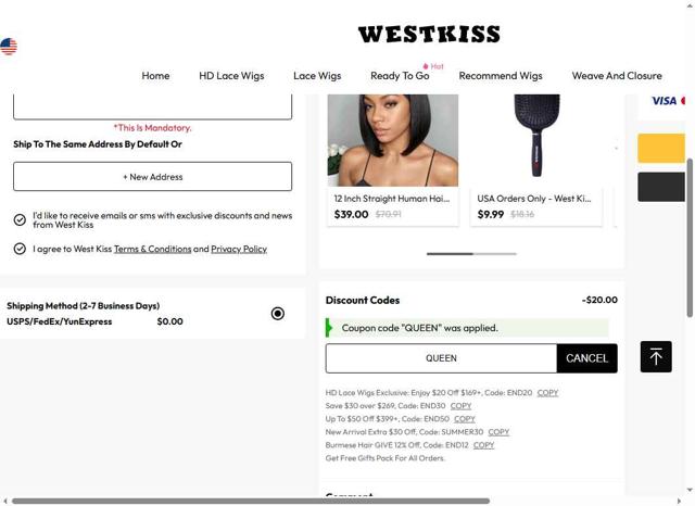 West Kiss checkout page showing West Kiss coupon code box | Screenshot taken by SimplyCodes community member on Sep 9, 2025