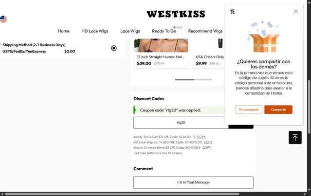 West Kiss checkout page showing West Kiss coupon code box | Screenshot taken by SimplyCodes community member on Aug 25, 2025