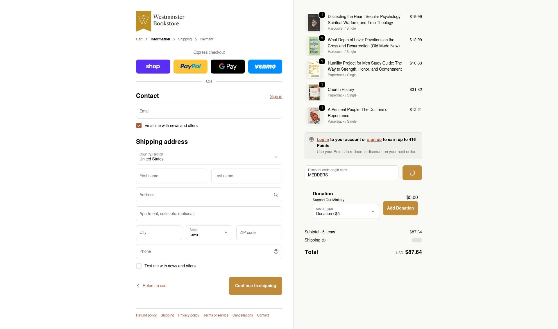 Westminister Bookstore checkout page showing Westminister Bookstore promo code box | Screenshot taken by SimplyCodes community member on Feb 9, 2026