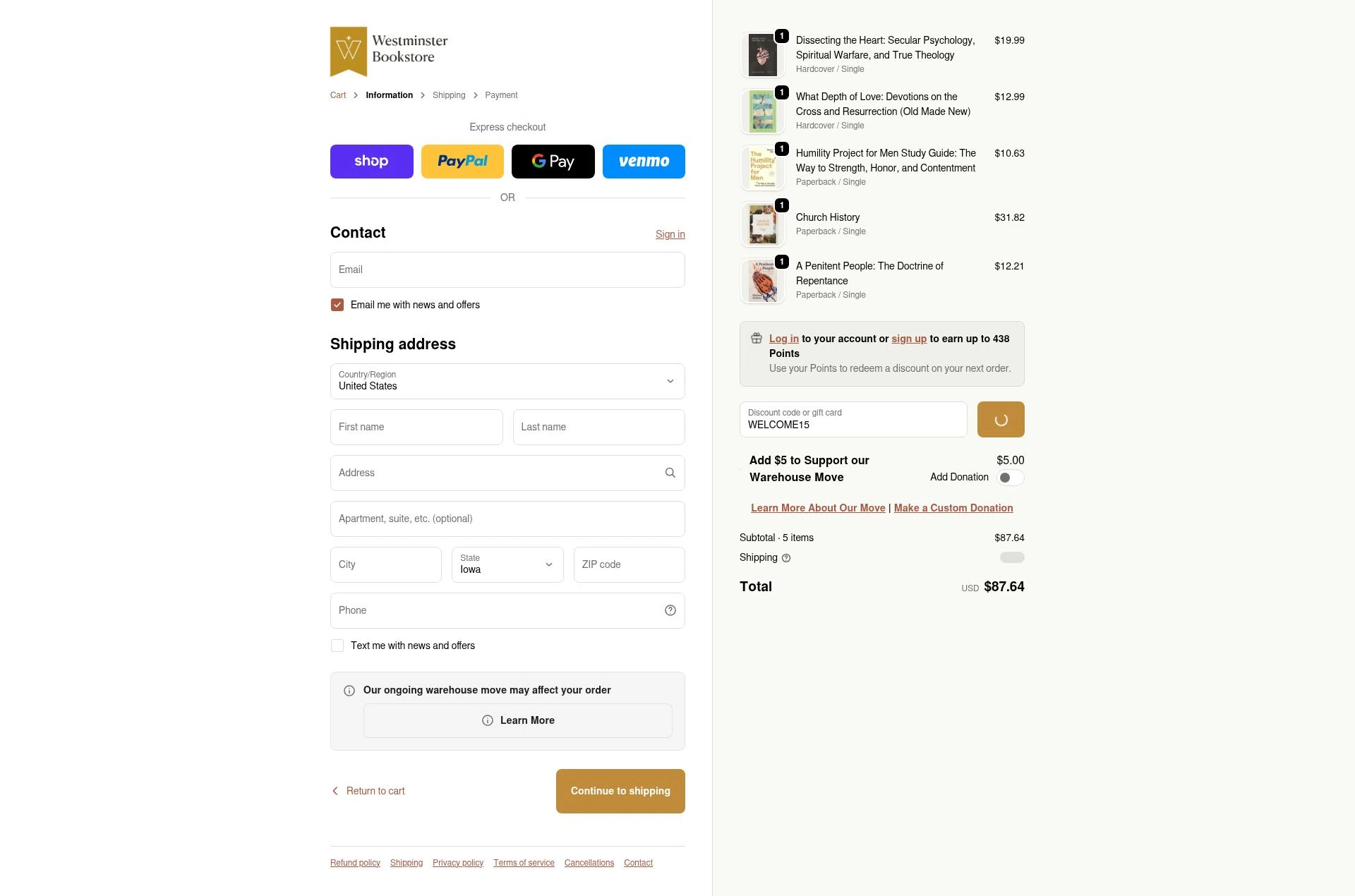 Westminister Bookstore checkout page showing Westminister Bookstore promo code box | Screenshot taken by SimplyCodes community member on Feb 14, 2026