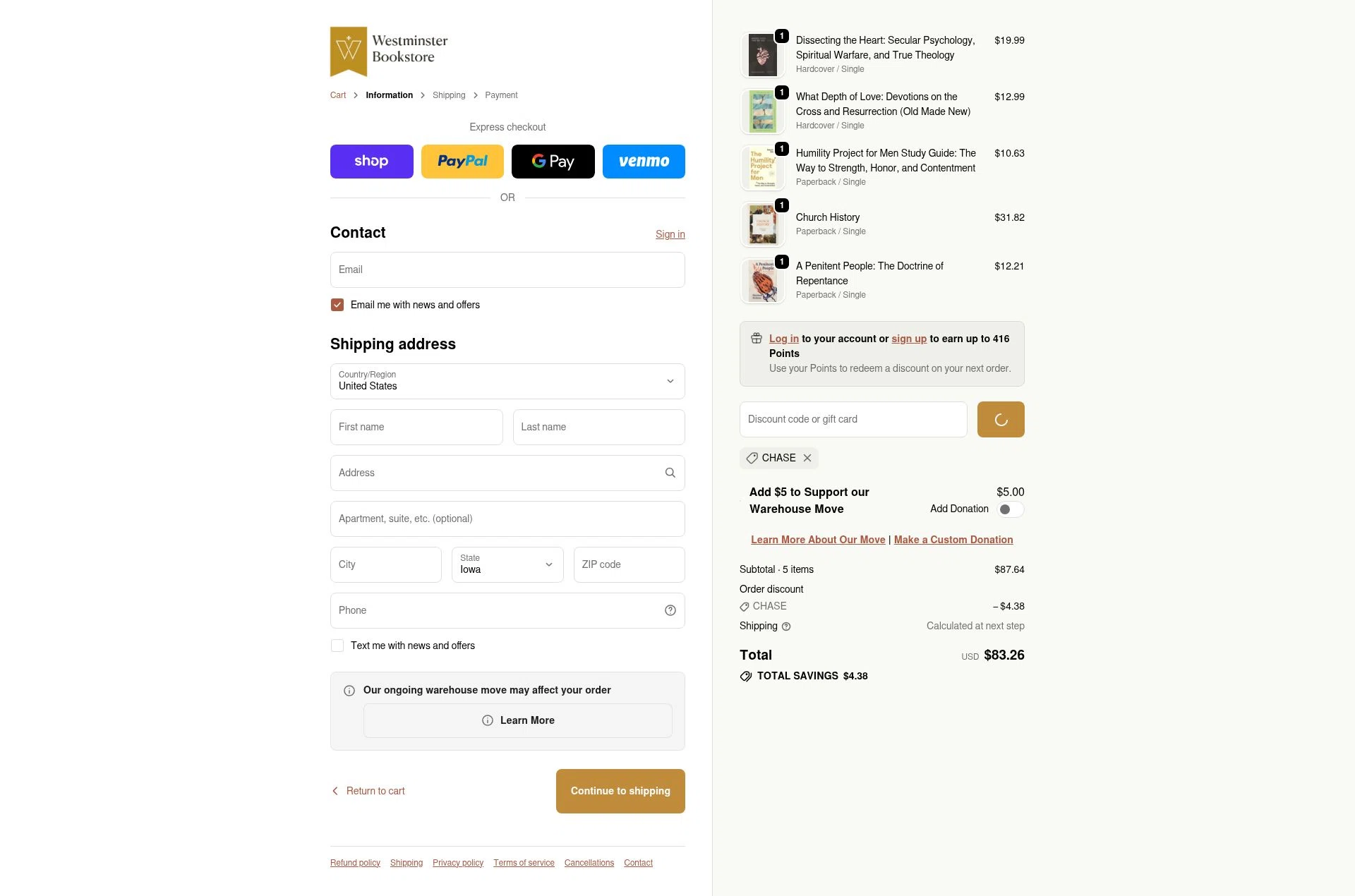 Westminister Bookstore checkout page showing Westminister Bookstore promo code box | Screenshot taken by SimplyCodes community member on Feb 10, 2026