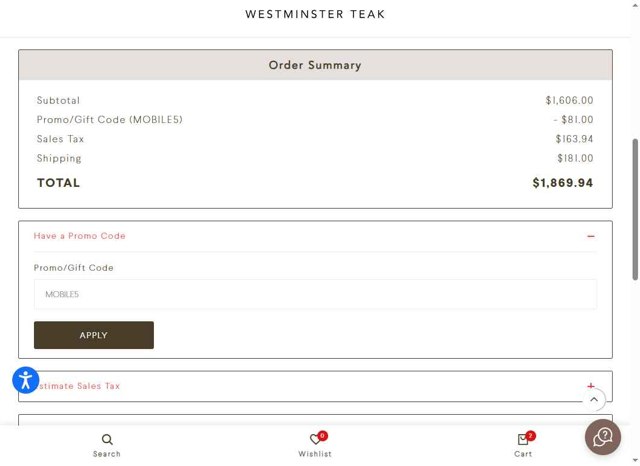 Westminster Teak checkout page showing Westminster Teak promo code box | Screenshot taken by SimplyCodes community member on Aug 4, 2025